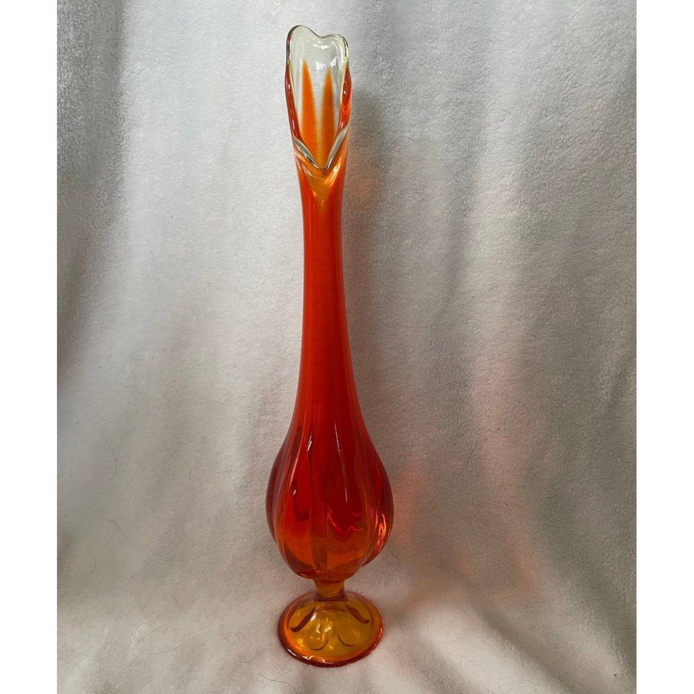 Viking Persimmon Glass Vase 6 Petal MCM Swung Large 16” Vintage Orange Yellow